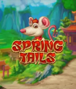 An enchanting illustration of a mouse wearing a red traditional Chinese outfit standing in a picturesque landscape with mountains. The image promotes the Spring Tails game by Betsoft, highlighted with bold gold and red logo text.