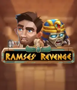 Uncover the thrilling world of the Ramses' Revenge game by Relax Gaming, showcasing a frightened explorer and a menacing mummy amid an Egyptian tomb backdrop. This image captures the drama of ancient Egyptian myths, perfect for those interested in historical adventures, offering a gripping adventure. 